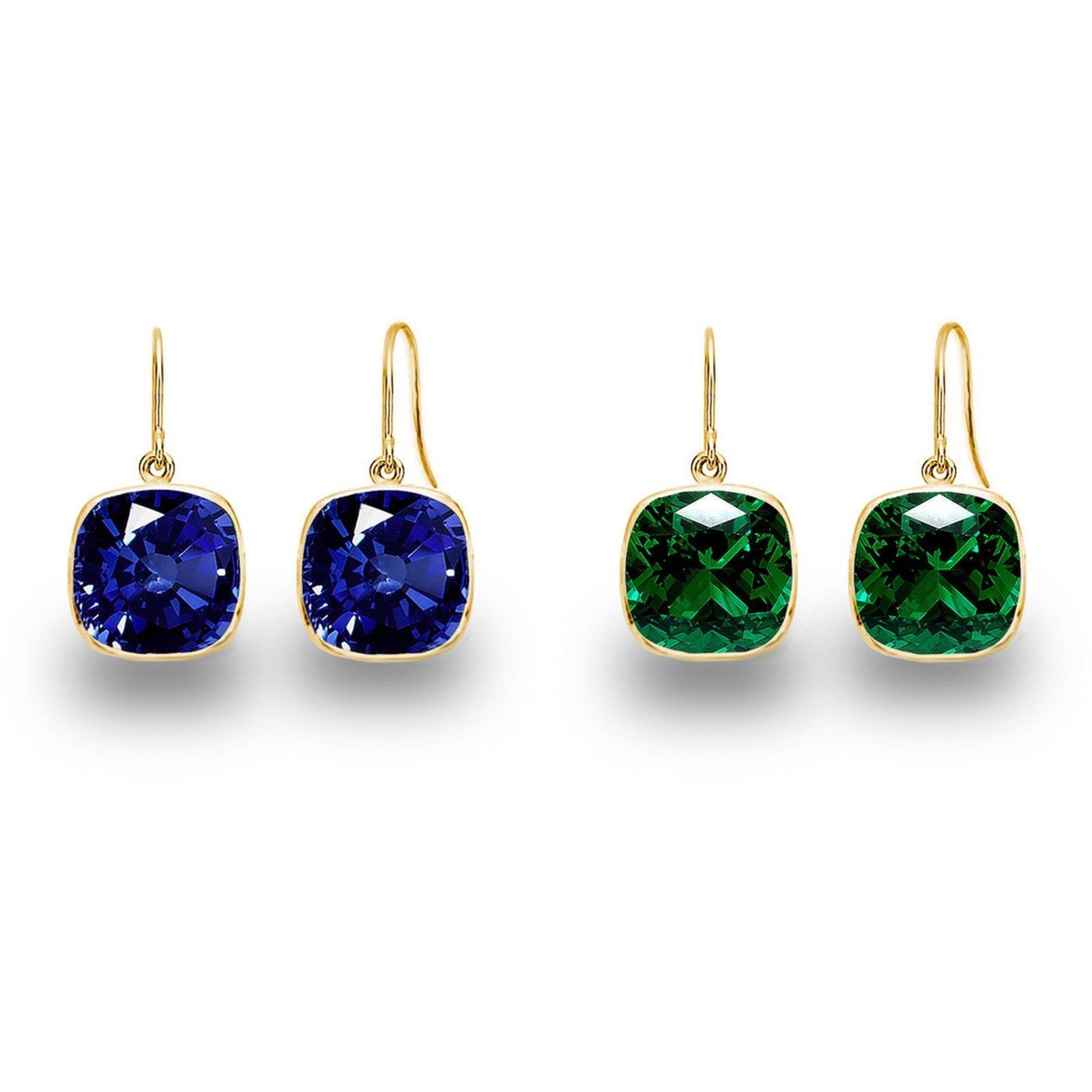 2 Pair Pack: 9.00 CTW Cushion Cut Created Blue Sapphire &amp; Emerald Drop Earrings – Available in .925 Sterling Silver or 14kt Yellow Gold Over .925 – 8mm Square Gems