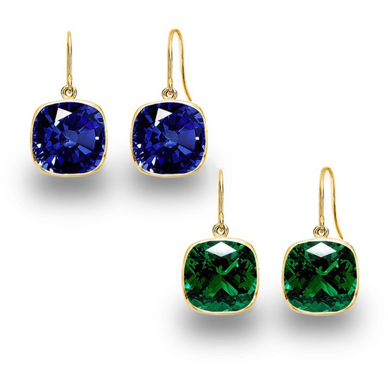 2 Pair Pack: 9.00 CTW Cushion Cut Created Blue Sapphire &amp; Emerald Drop Earrings – Available in .925 Sterling Silver or 14kt Yellow Gold Over .925 – 8mm Square Gems