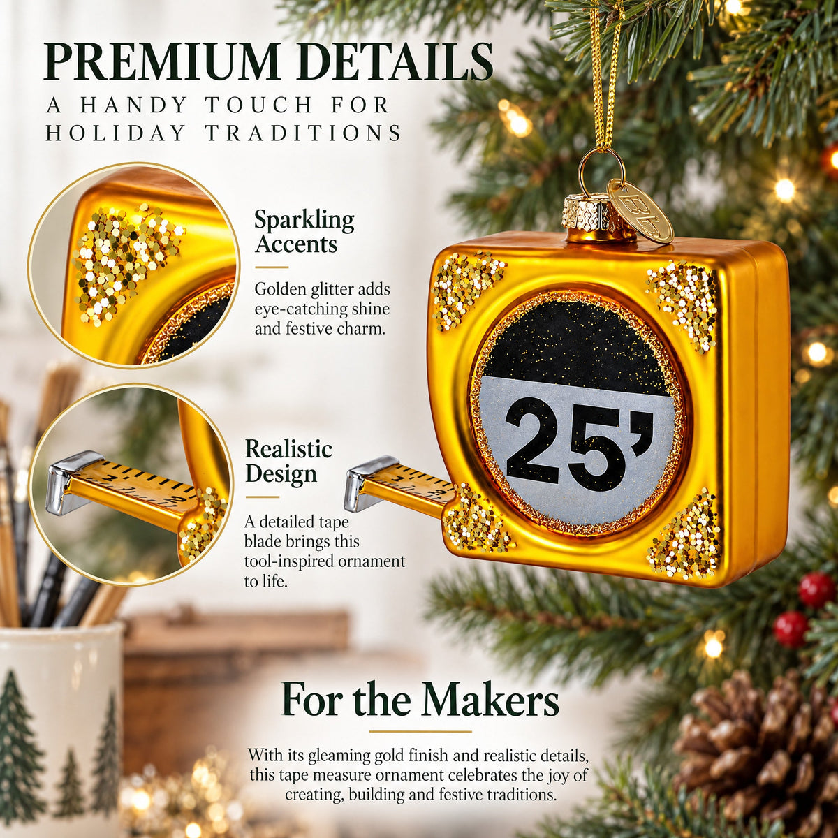 25-Foot Gold Tape Measure Glass Christmas Ornament