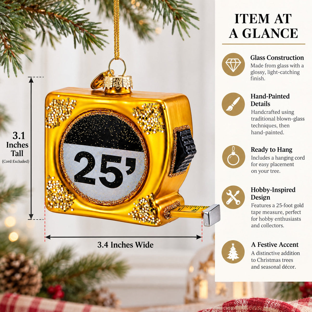 25-Foot Gold Tape Measure Glass Christmas Ornament