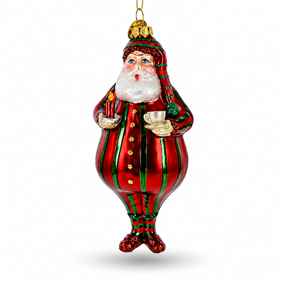 Santa in Striped Pajamas Glass Christmas Ornament