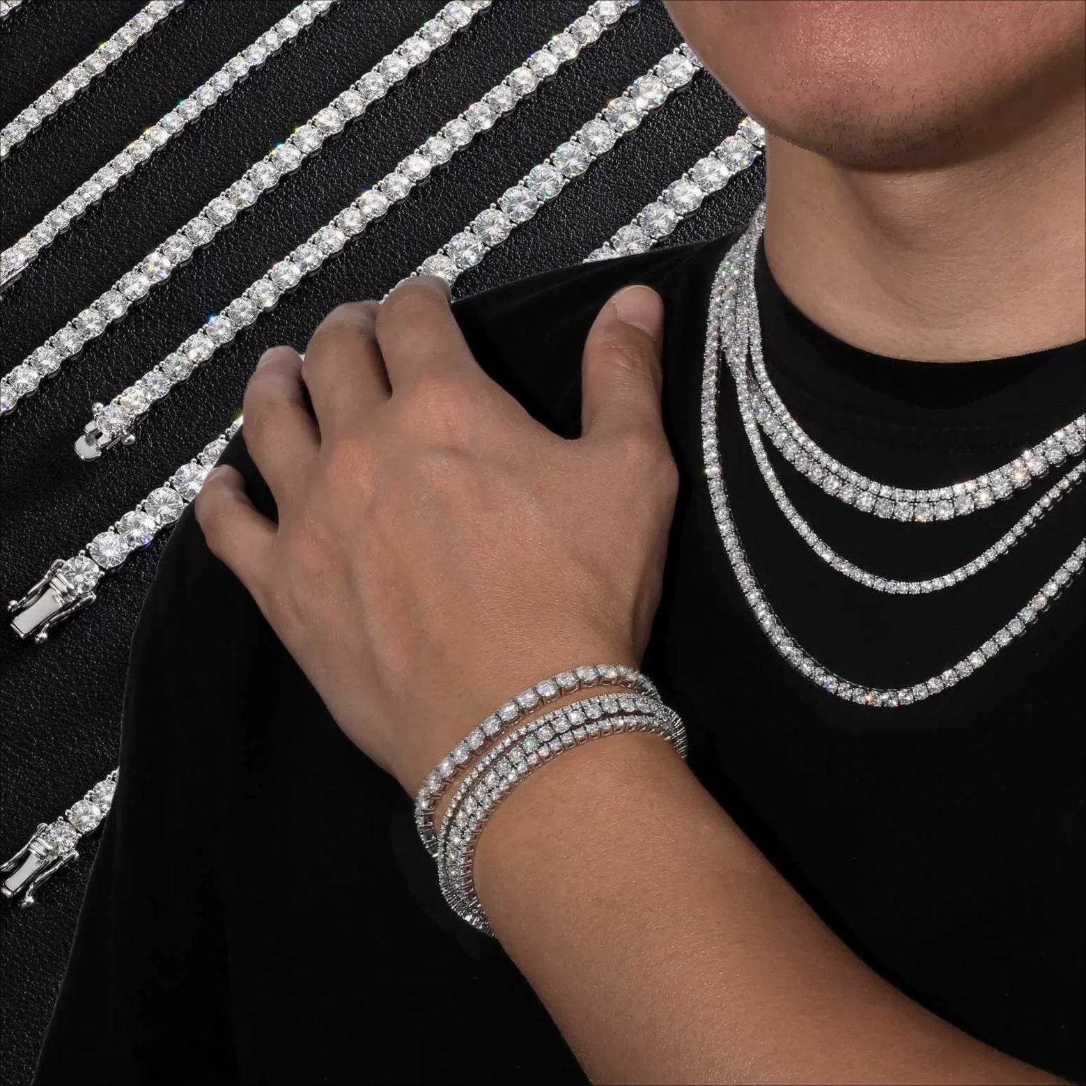 VVS1 Moissanite S925 &amp; 14K Tennis Chain Iced Out Necklace and Bracelet, 6–26 Inch, 2–6.5mm Round Cut D-Grade Certified Moissanite, Sterling Silver White Gold Plated, Hypoallergenic Hip Hop Jewelry