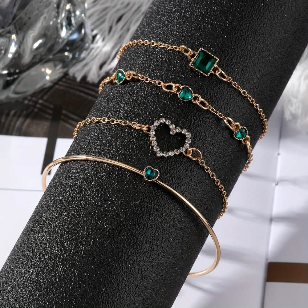 4pcs Rhinestone Alloy Bracelet Set – Minimalist Heart &amp; Square Design