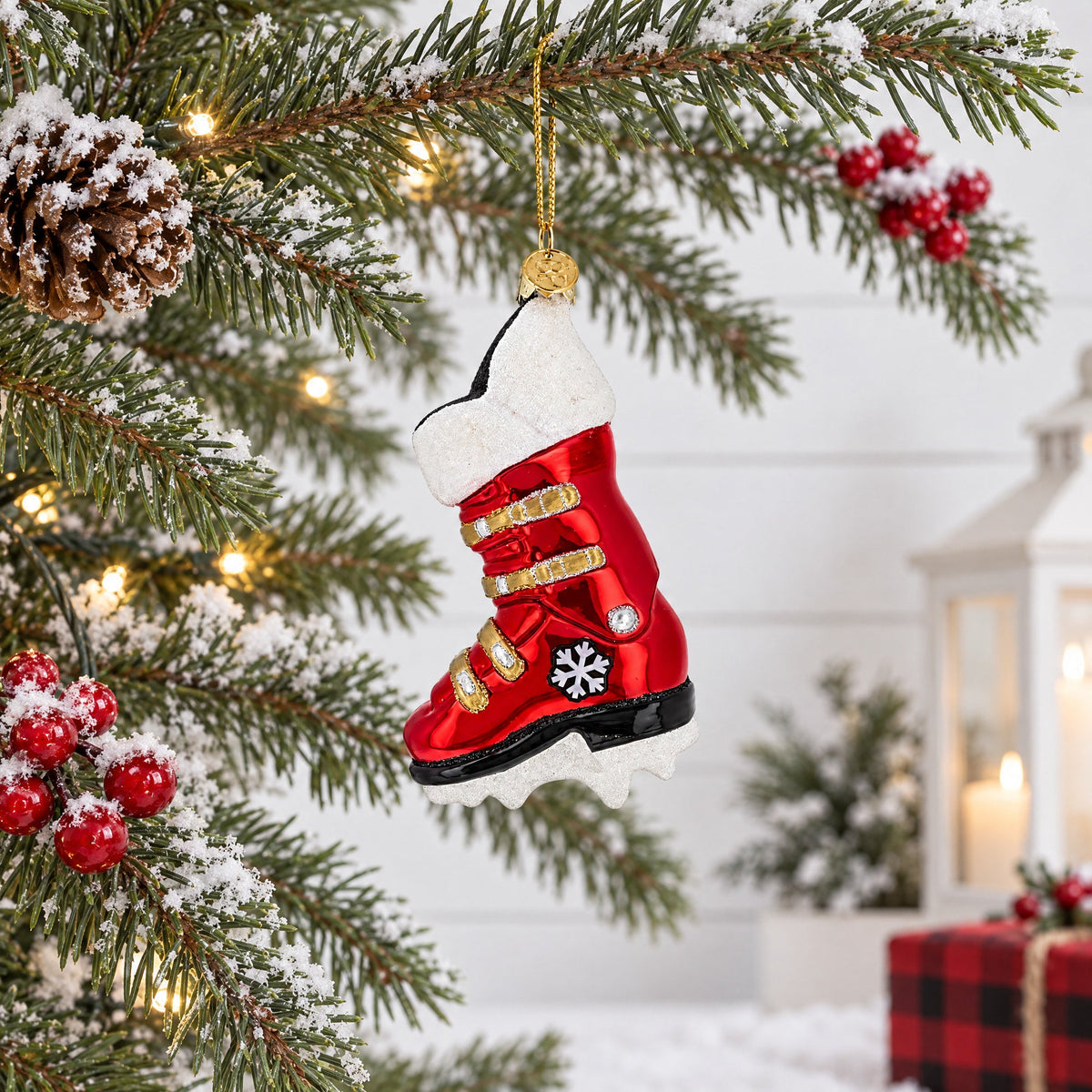 Red Ski Boot Glass Christmas Ornament