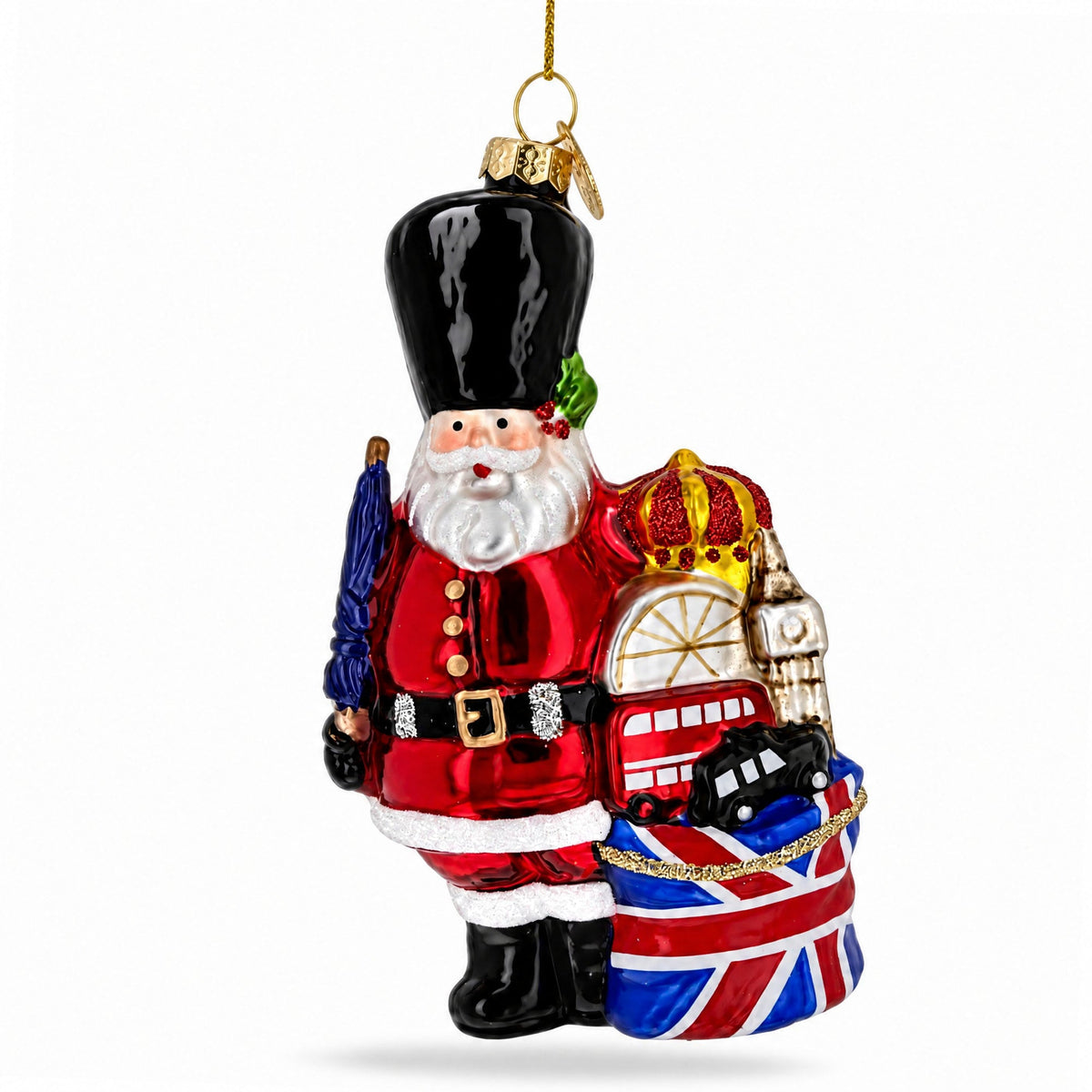 London Royal Guard Santa Union Jack Drum Glass Christmas Ornament