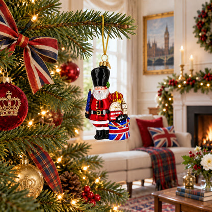 London Royal Guard Santa Union Jack Drum Glass Christmas Ornament
