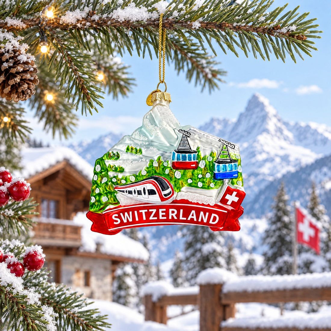 Switzerland Mountain Cable Car And Train Glass Christmas Ornament