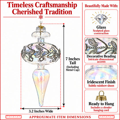 Clear Glass Finial With Silver Swirls Christmas Ornament