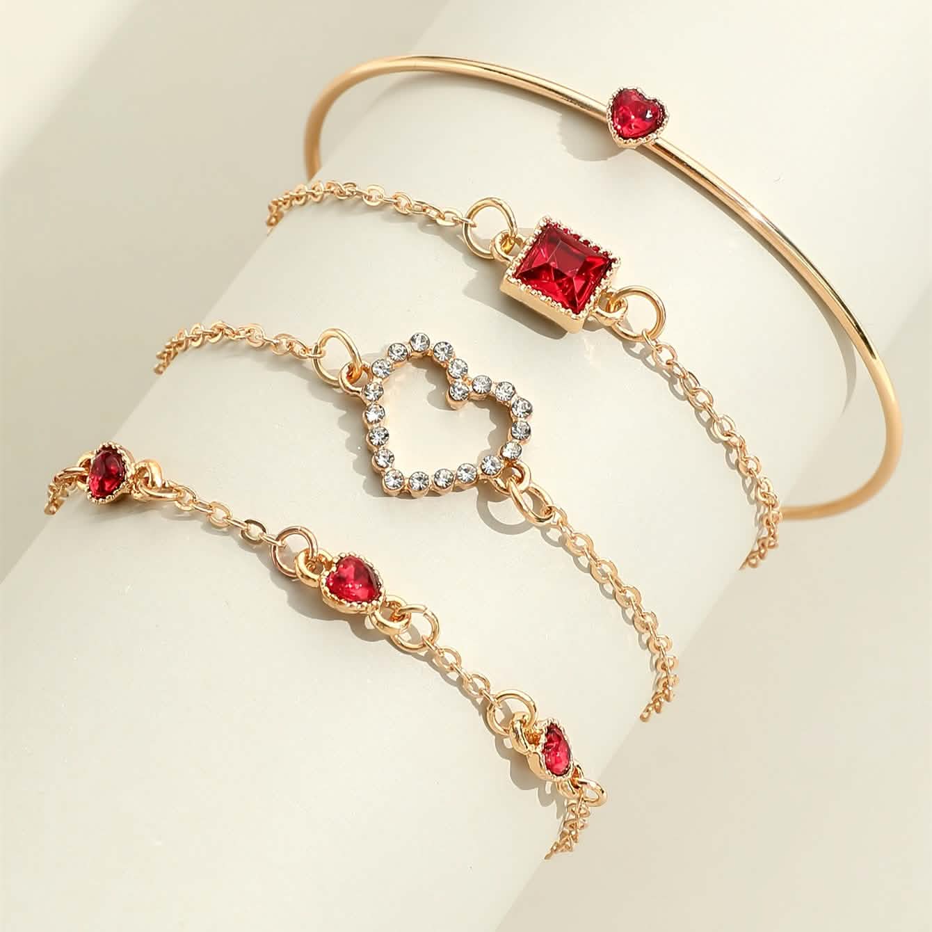 4pcs Rhinestone Alloy Bracelet Set – Minimalist Heart &amp; Square Design
