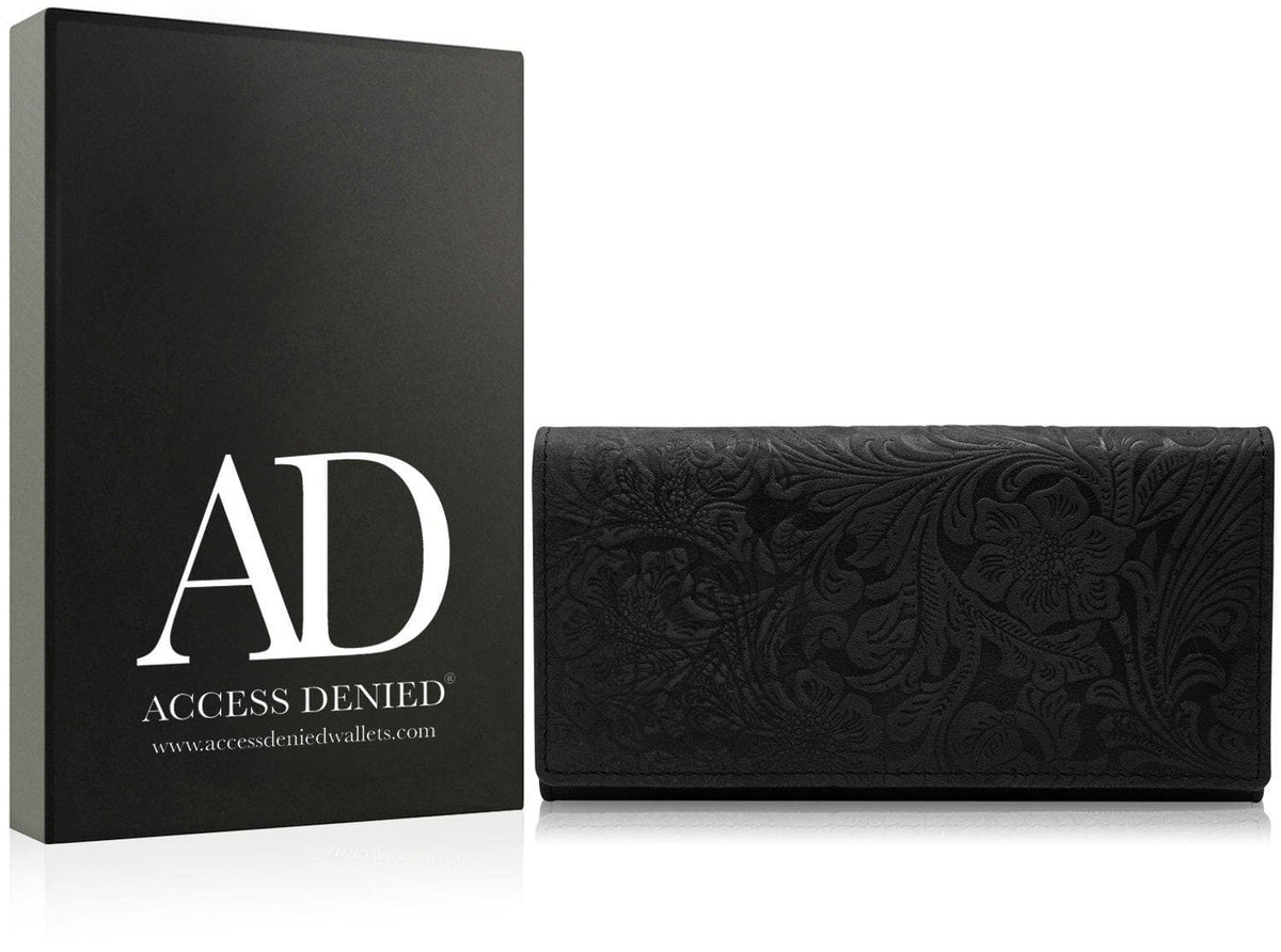 Genuine Leather Floral Accordion Wallet – Zip Pockets, RFID Blocking