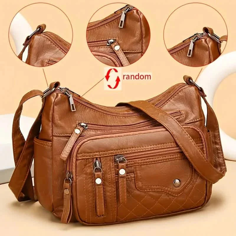 Fashion Multi Zipper Crossbody Bag, Soft Vegan Leather Shoulder Bag, Women&