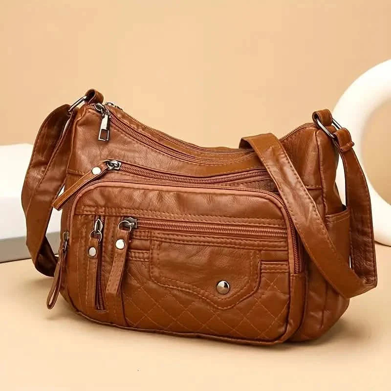 Fashion Multi Zipper Crossbody Bag, Soft Vegan Leather Shoulder Bag, Women&