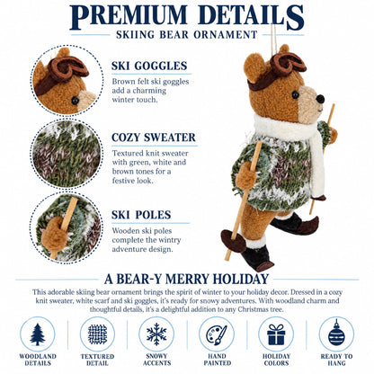Skiing Brown Bear Felt Fabric Christmas Ornament