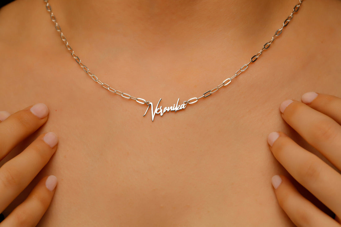 14K Gold Paper Clip Name Necklace - Elegant Sterling Silver Link Chain