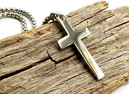 Small Silver Stainless Steel Cross Necklace with Box Chain