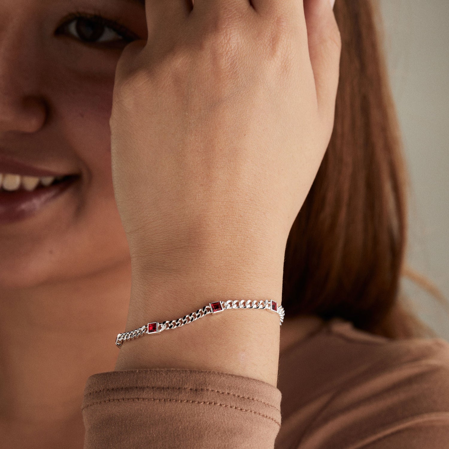 July Birthstone Ruby Curb Chain Bracelet