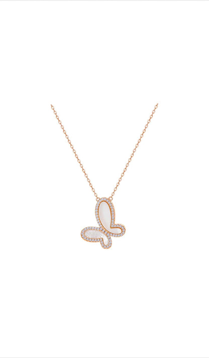 Silver Mother of Perl &amp; Cubic Zirconia Butterfly Necklace Jewelry