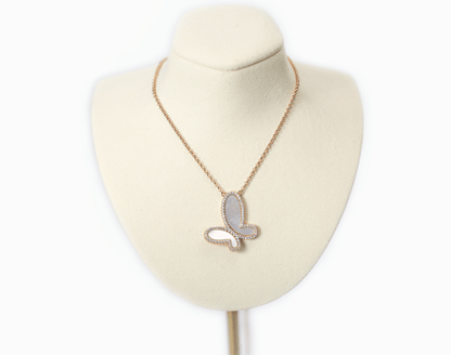 Silver Mother of Perl &amp; Cubic Zirconia Butterfly Necklace Jewelry