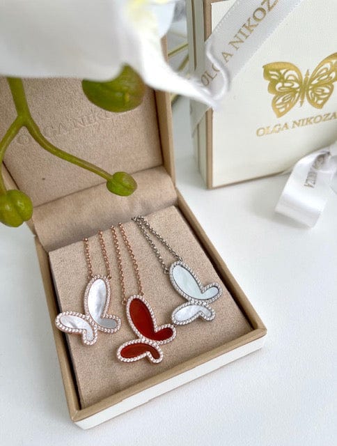 Silver Mother of Perl &amp; Cubic Zirconia Butterfly Necklace Jewelry