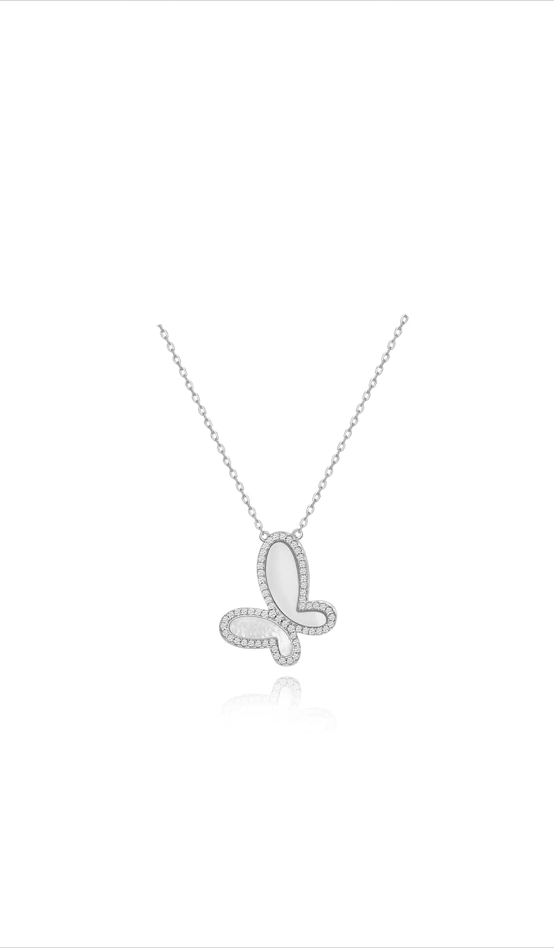 Silver Mother of Perl &amp; Cubic Zirconia Butterfly Necklace Jewelry