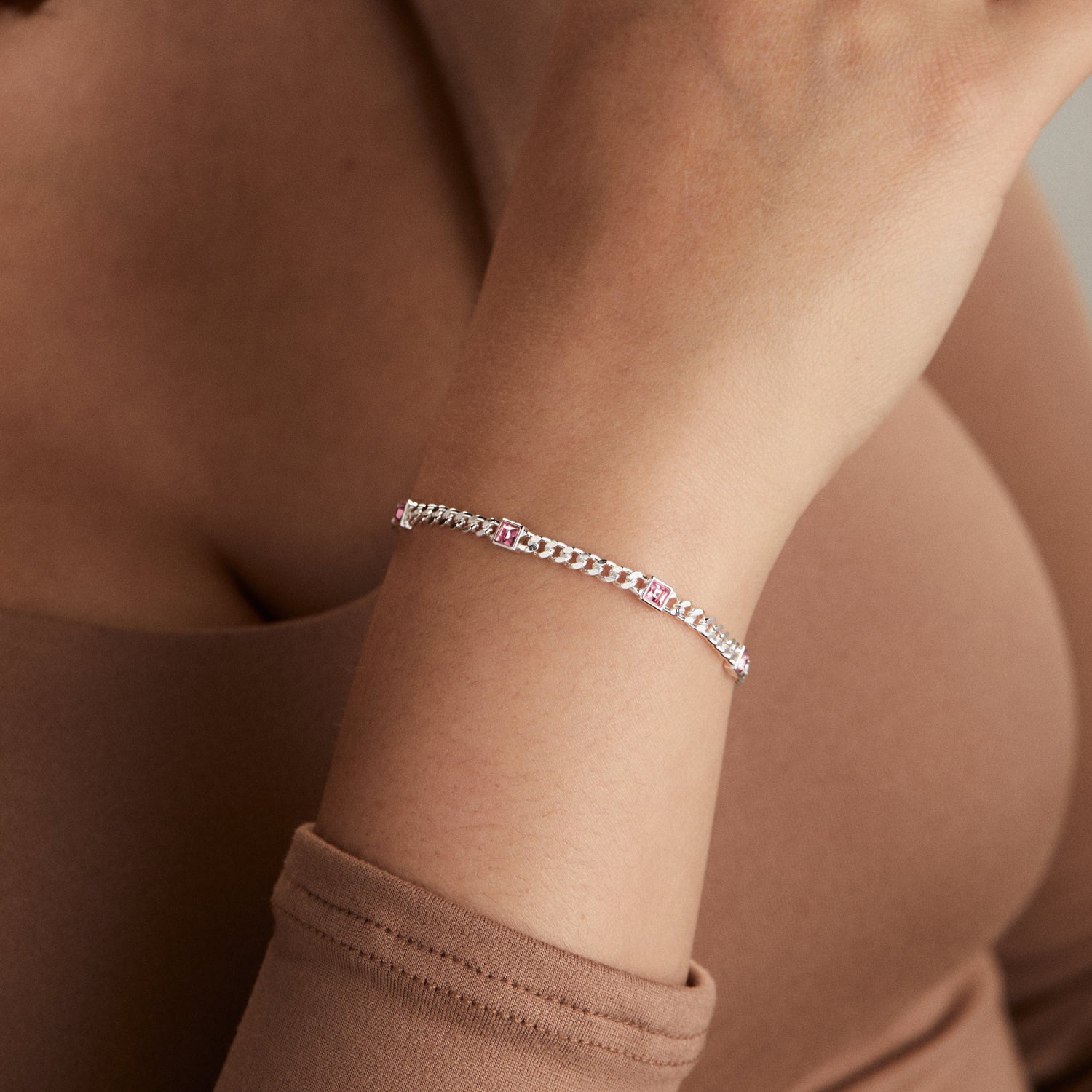 October Birthstone Rose Curb Chain Bracelet