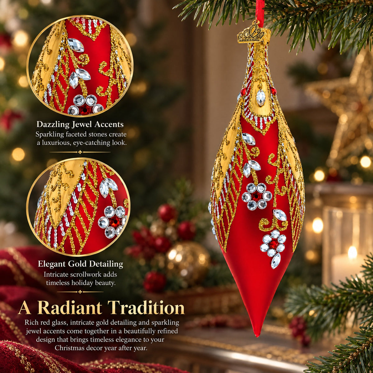 Red and Gold Jewel-Encrusted Elongated Pointed Teardrop Finial Glass Christmas Ornament