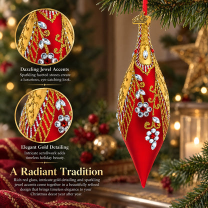 Red and Gold Jewel-Encrusted Elongated Pointed Teardrop Finial Glass Christmas Ornament