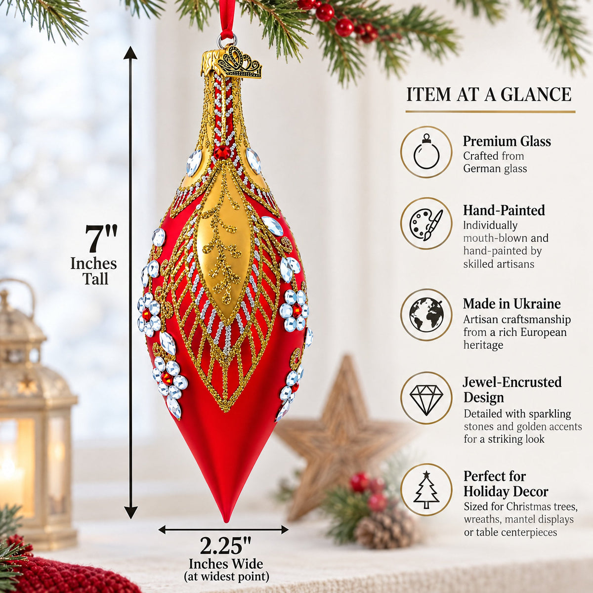 Red and Gold Jewel-Encrusted Elongated Pointed Teardrop Finial Glass Christmas Ornament