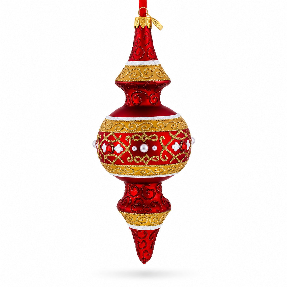 Golden Scroll &amp; Pearl Trim Double-Ended Finial Drop Glass Christmas Ornament