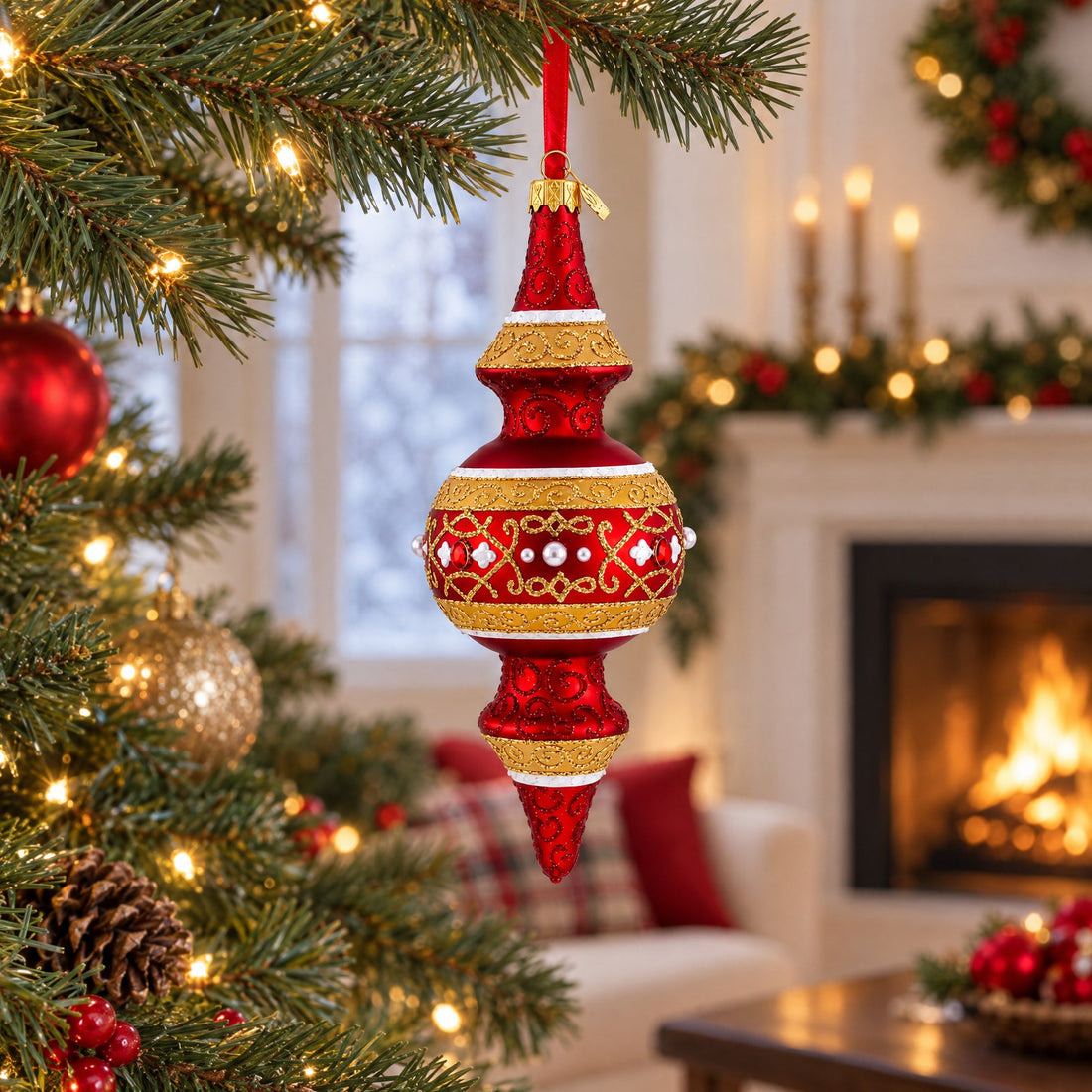 Golden Scroll &amp; Pearl Trim Double-Ended Finial Drop Glass Christmas Ornament