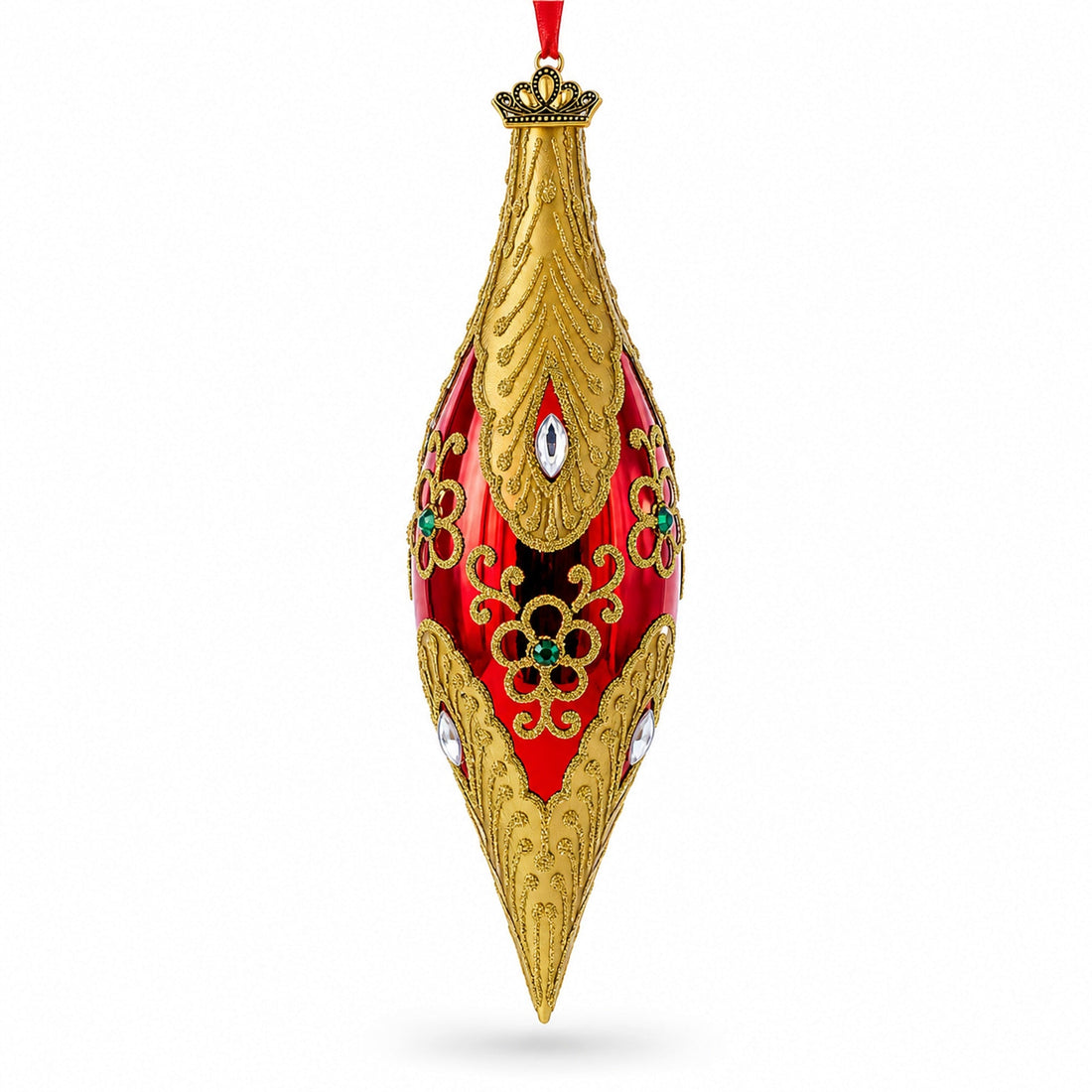 Gilded Petal &amp; Pearl Elongated Pointed Teardrop Finial Glass Christmas Ornament