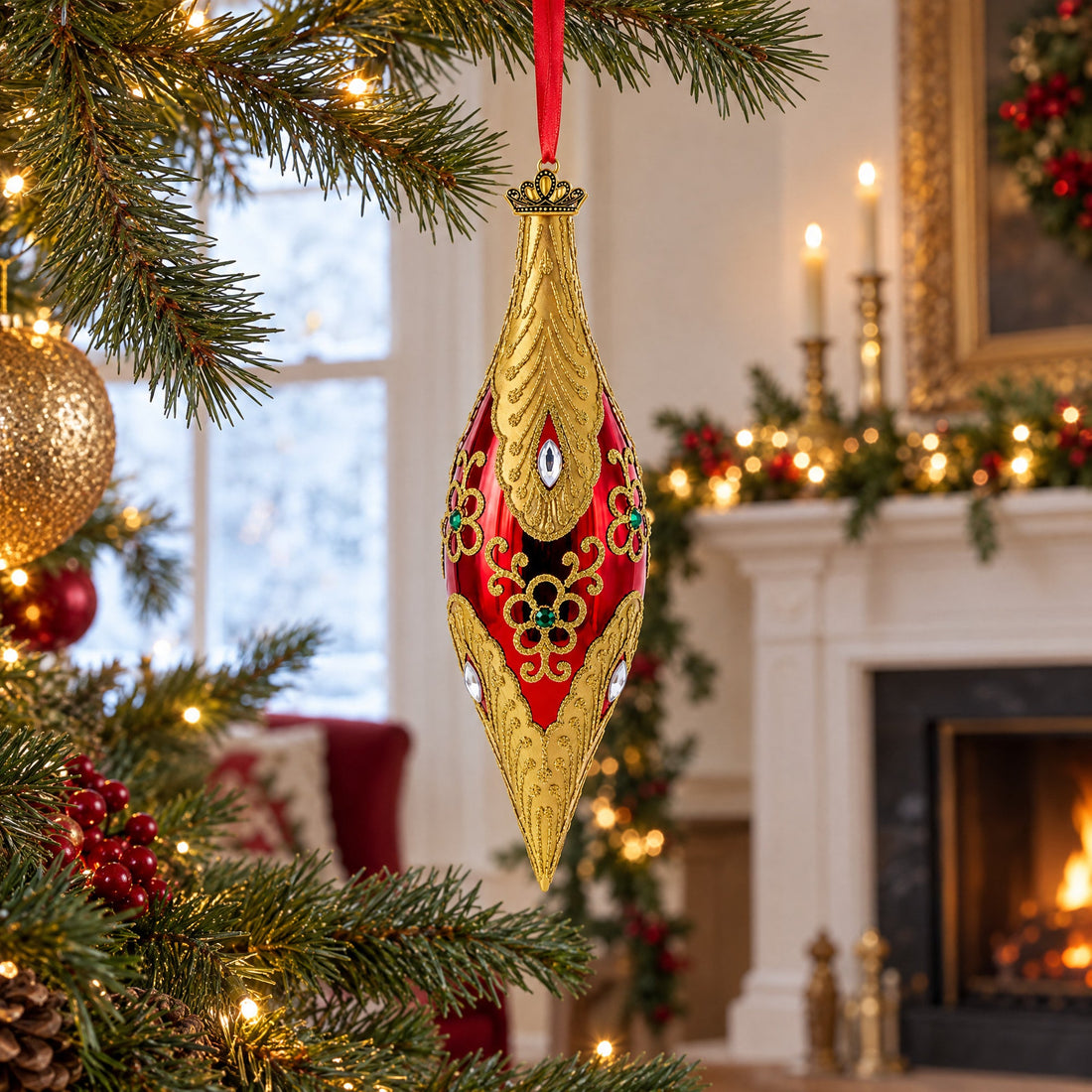 Gilded Petal &amp; Pearl Elongated Pointed Teardrop Finial Glass Christmas Ornament