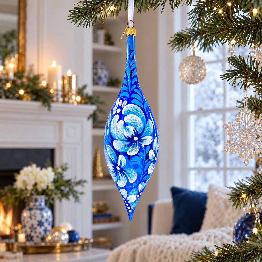 White Petal Blossoms Metallic Blue Elongated Pointed Teardrop Finial Glass Christmas Ornament