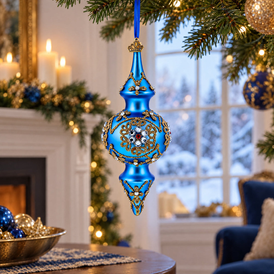 Royal Blue Jeweled Scroll Double-Ended Finial Drop Glass Christmas Ornament