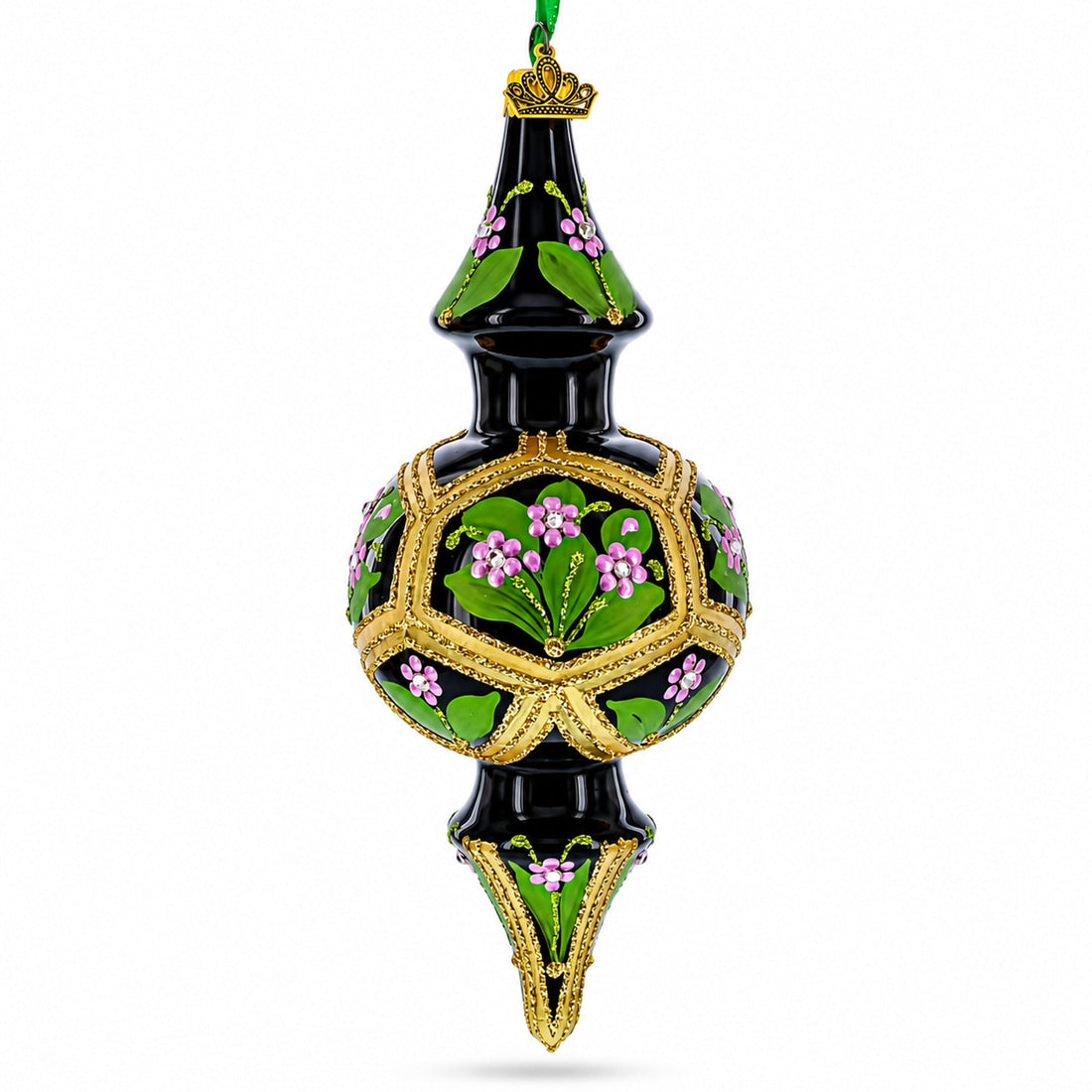 Black &amp; Gold Floral Medallion Double-Ended Finial Drop Glass Christmas Ornament