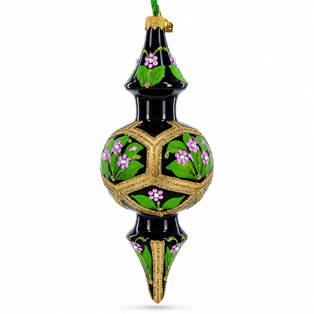 Black &amp; Gold Floral Medallion Double-Ended Finial Drop Glass Christmas Ornament