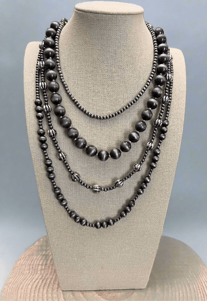 Faux Sterling Pearl Layered Necklace Set – 4-Piece Burnished Silver Western Set